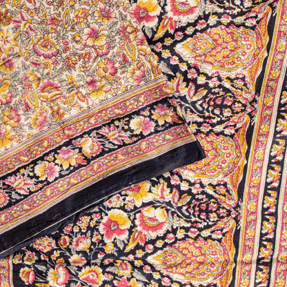 Sanskriti Vintage Sari Soft Cream-Black Pure Silk Rotary Print FloralSaree 5.5Yd