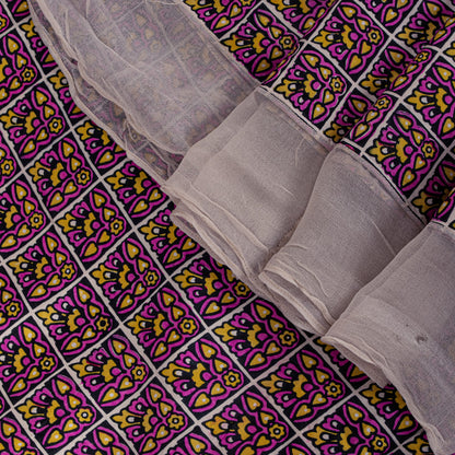 Sanskriti Vintage Purple Pure Silk Sari Floral Screen Print Floral Saree 5.5Yard