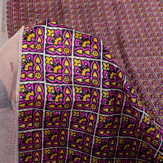 Sanskriti Vintage Purple Pure Silk Sari Floral Screen Print Floral Saree 5.5Yard