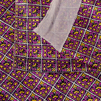 Sanskriti Vintage Purple Pure Silk Sari Floral Screen Print Floral Saree 5.5Yard