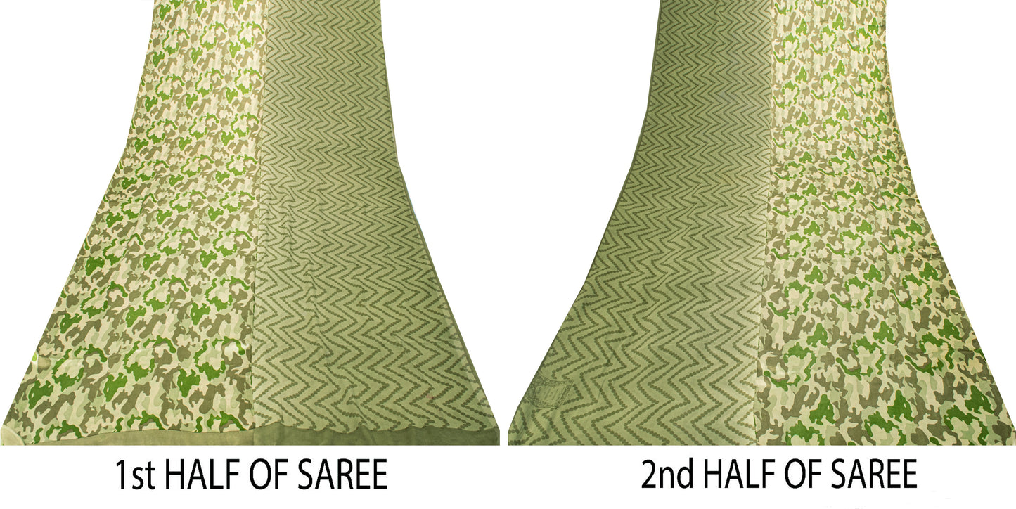 Sanskriti Vintage Olive Green Pure Silk Sari Abstract Print Saree 5.5 YD Craft