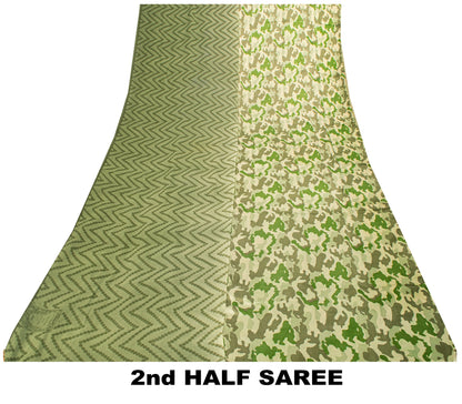 Sanskriti Vintage Olive Green Pure Silk Sari Abstract Print Saree 5.5 YD Craft