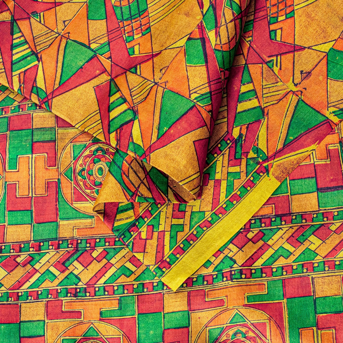Sanskriti Vintage Sari Soft Yellow iPure Silk Rotary Print Geometric Saree 6+Yd