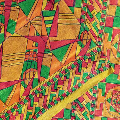 Sanskriti Vintage Sari Soft Yellow iPure Silk Rotary Print Geometric Saree 6+Yd