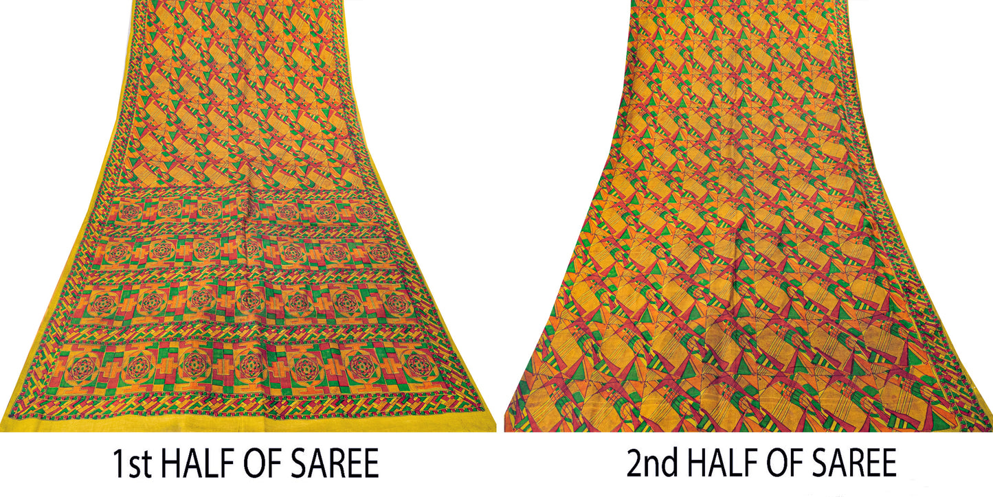 Sanskriti Vintage Sari Soft Yellow iPure Silk Rotary Print Geometric Saree 6+Yd