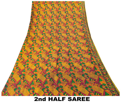 Sanskriti Vintage Sari Soft Yellow iPure Silk Rotary Print Geometric Saree 6+Yd