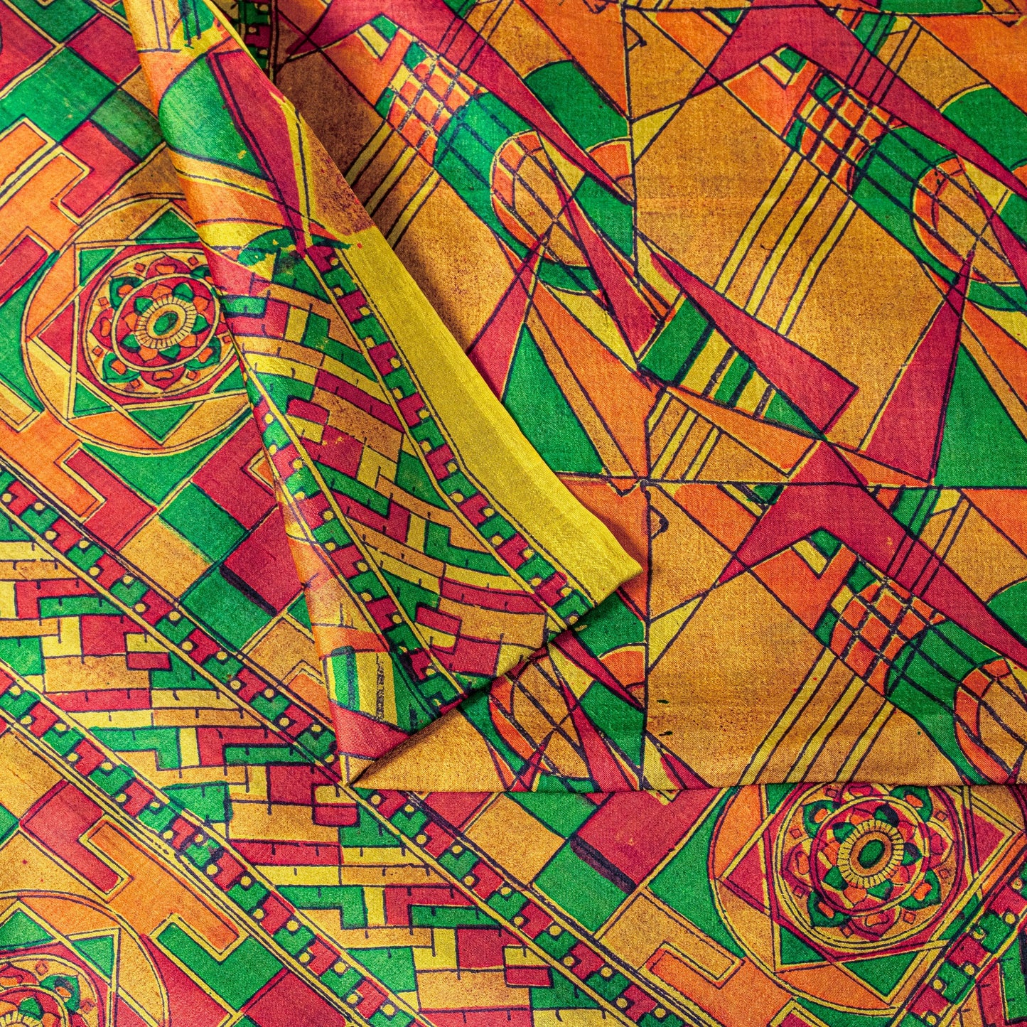 Sanskriti Vintage Sari Soft Yellow iPure Silk Rotary Print Geometric Saree 6+Yd