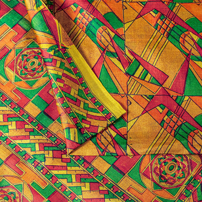 Sanskriti Vintage Sari Soft Yellow iPure Silk Rotary Print Geometric Saree 6+Yd