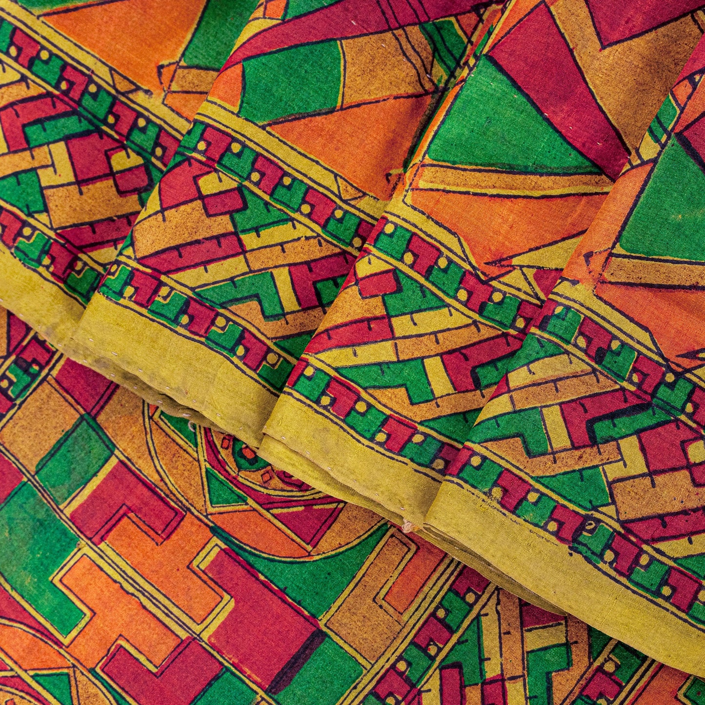 Sanskriti Vintage Sari Soft Yellow iPure Silk Rotary Print Geometric Saree 6+Yd