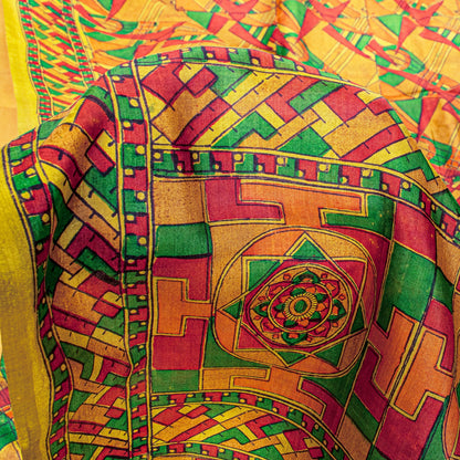 Sanskriti Vintage Sari Soft Yellow iPure Silk Rotary Print Geometric Saree 6+Yd