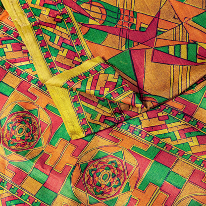 Sanskriti Vintage Sari Soft Yellow iPure Silk Rotary Print Geometric Saree 6+Yd