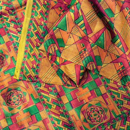 Sanskriti Vintage Sari Soft Yellow iPure Silk Rotary Print Geometric Saree 6+Yd