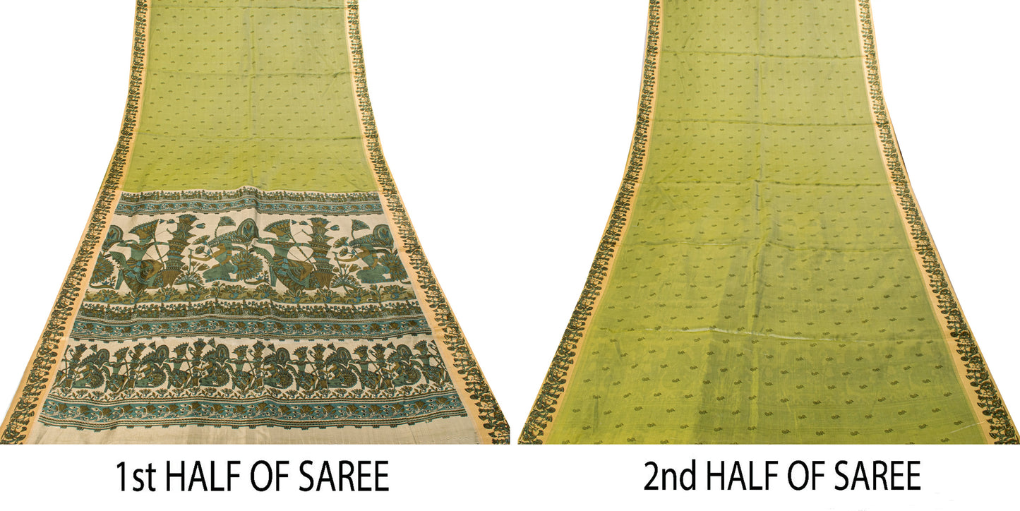 Sanskriti Vintage Sari Green Soft Pure Silk Kalamakari Digital Print Saree 5.5Yd