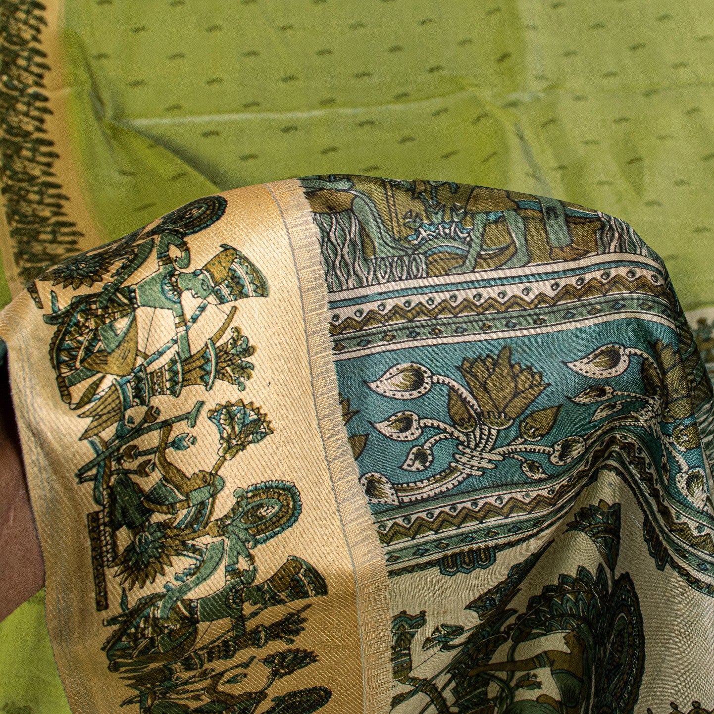 Sanskriti Vintage Sari Green Soft Pure Silk Kalamakari Digital Print Saree 5.5Yd
