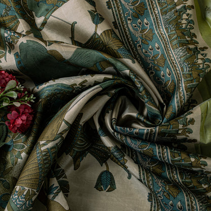Sanskriti Vintage Sari Green Soft Pure Silk Kalamakari Digital Print Saree 5.5Yd