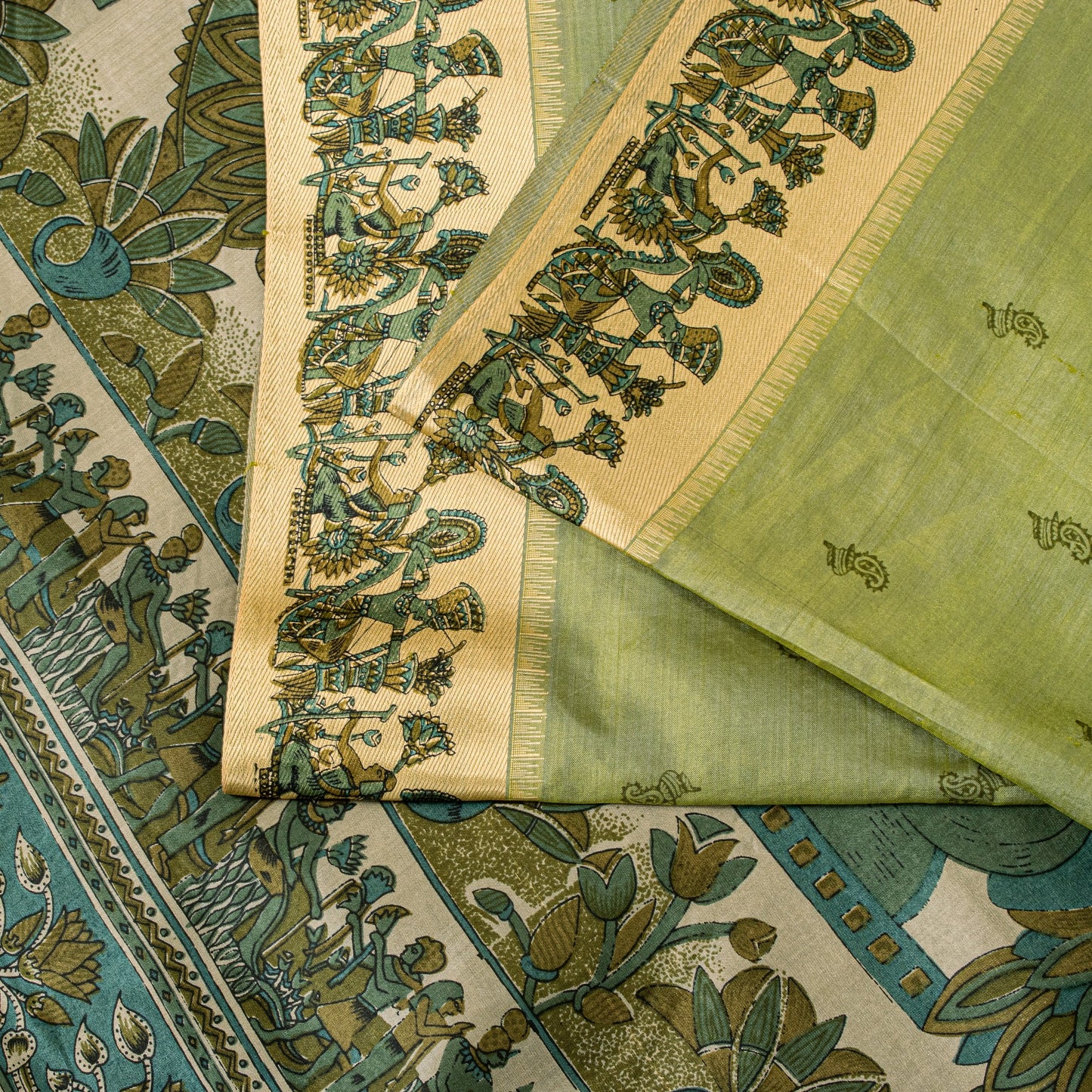 Sanskriti Vintage Sari Green Soft Pure Silk Kalamakari Digital Print Saree 5.5Yd