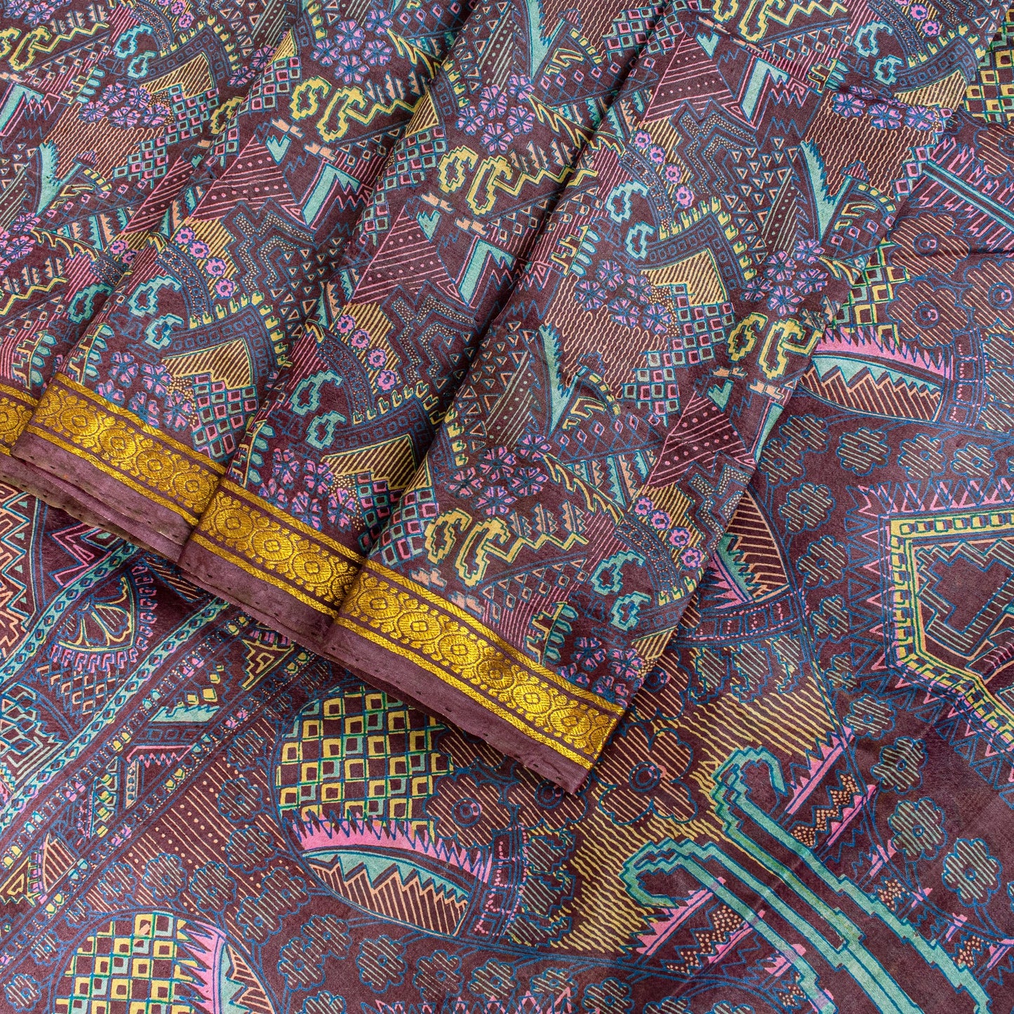 Sanskriti Vintage Purple Soft Pure Silk Sari Paisley Geometric Print Saree 5.5Yd