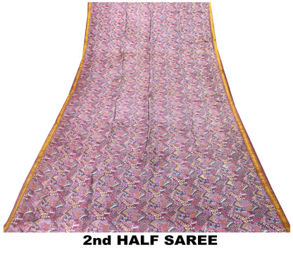 Sanskriti Vintage Purple Soft Pure Silk Sari Paisley Geometric Print Saree 5.5Yd