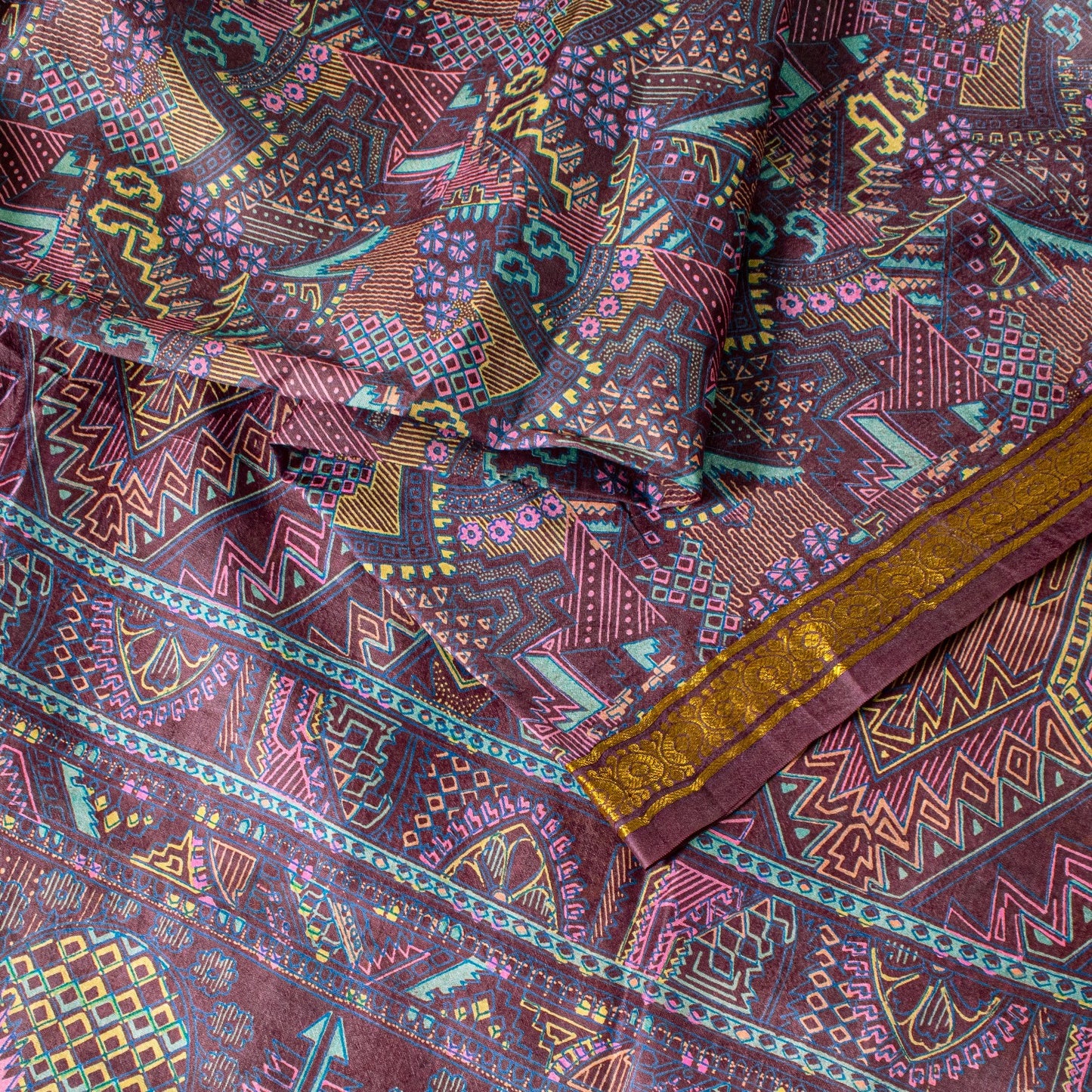 Sanskriti Vintage Purple Soft Pure Silk Sari Paisley Geometric Print Saree 5.5Yd