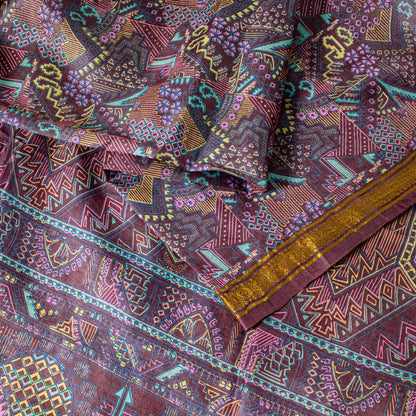 Sanskriti Vintage Purple Soft Pure Silk Sari Paisley Geometric Print Saree 5.5Yd