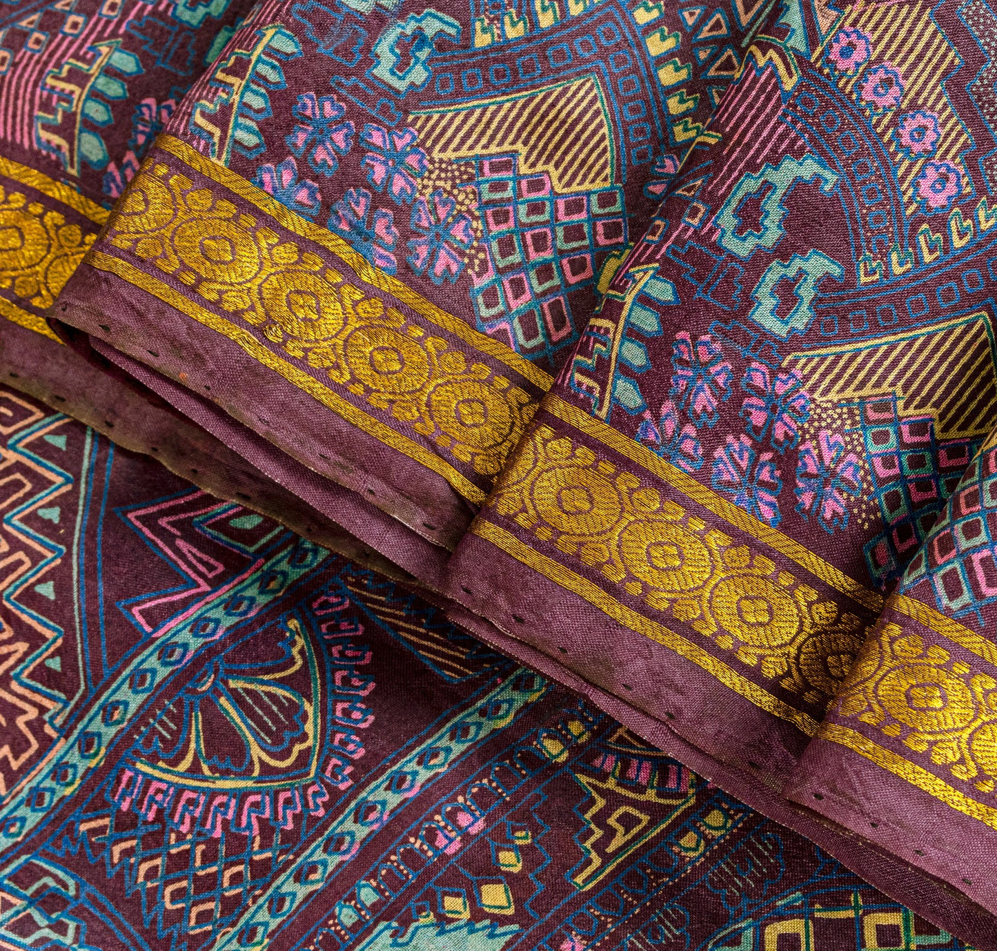 Sanskriti Vintage Purple Soft Pure Silk Sari Paisley Geometric Print Saree 5.5Yd
