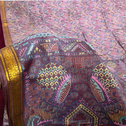 Sanskriti Vintage Purple Soft Pure Silk Sari Paisley Geometric Print Saree 5.5Yd