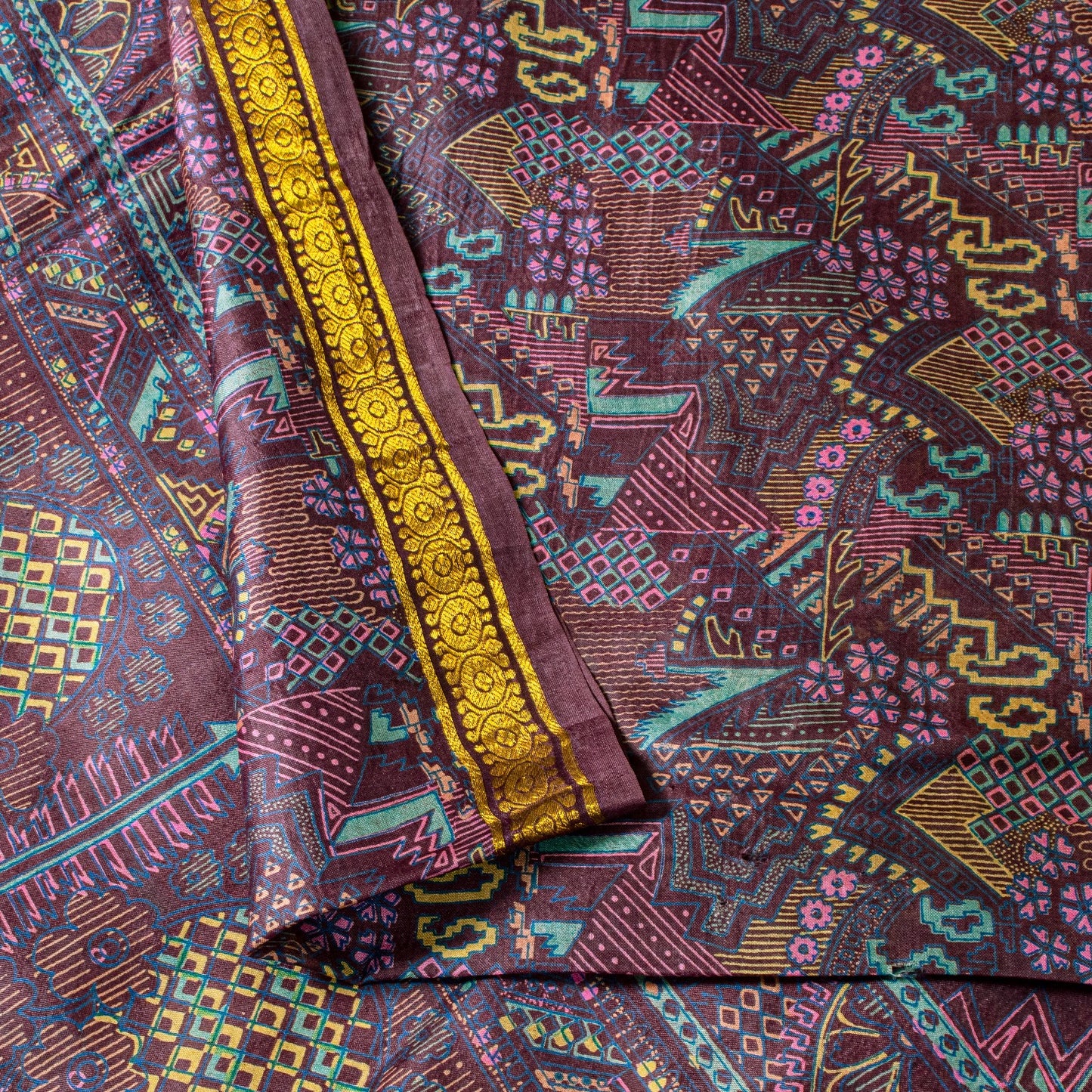 Sanskriti Vintage Purple Soft Pure Silk Sari Paisley Geometric Print Saree 5.5Yd