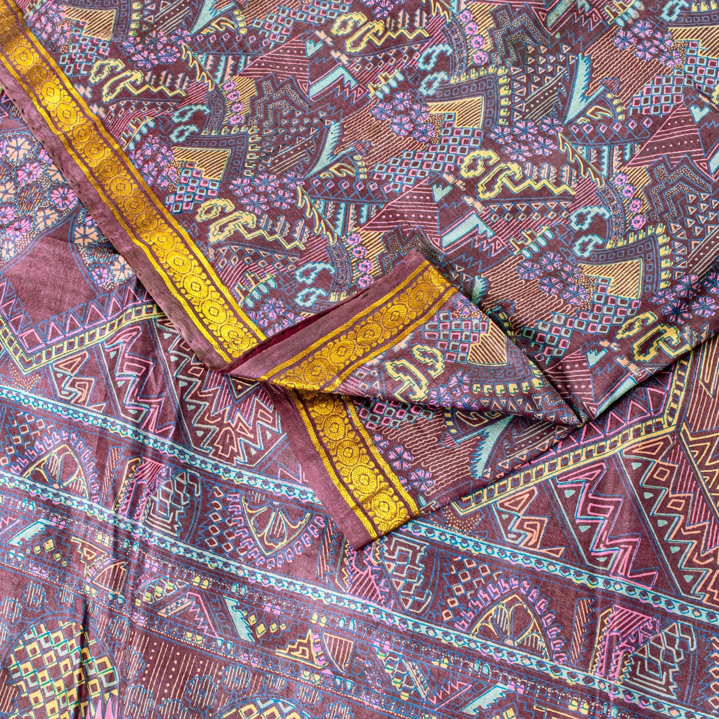 Sanskriti Vintage Purple Soft Pure Silk Sari Paisley Geometric Print Saree 5.5Yd