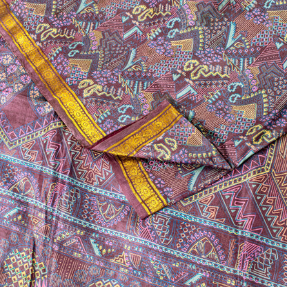 Sanskriti Vintage Purple Soft Pure Silk Sari Paisley Geometric Print Saree 5.5Yd