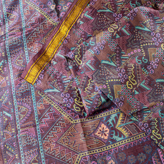 Sanskriti Vintage Purple Soft Pure Silk Sari Paisley Geometric Print Saree 5.5Yd