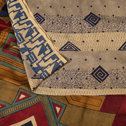 Sanskriti Vintage Cream Soft Pure Silk Sari Geometric Digital Print Saree 5.5Yd