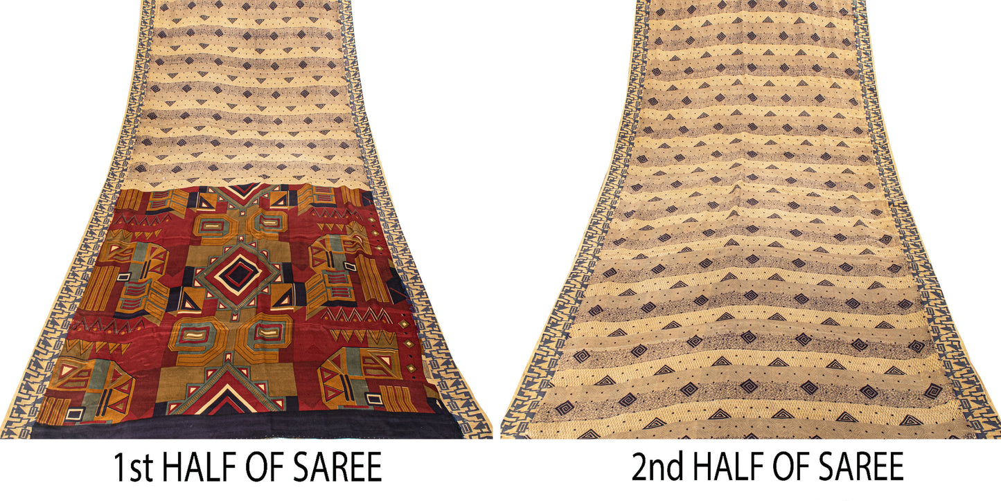 Sanskriti Vintage Cream Soft Pure Silk Sari Geometric Digital Print Saree 5.5Yd