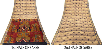 Sanskriti Vintage Cream Soft Pure Silk Sari Geometric Digital Print Saree 5.5Yd