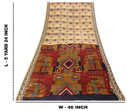 Sanskriti Vintage Cream Soft Pure Silk Sari Geometric Digital Print Saree 5.5Yd