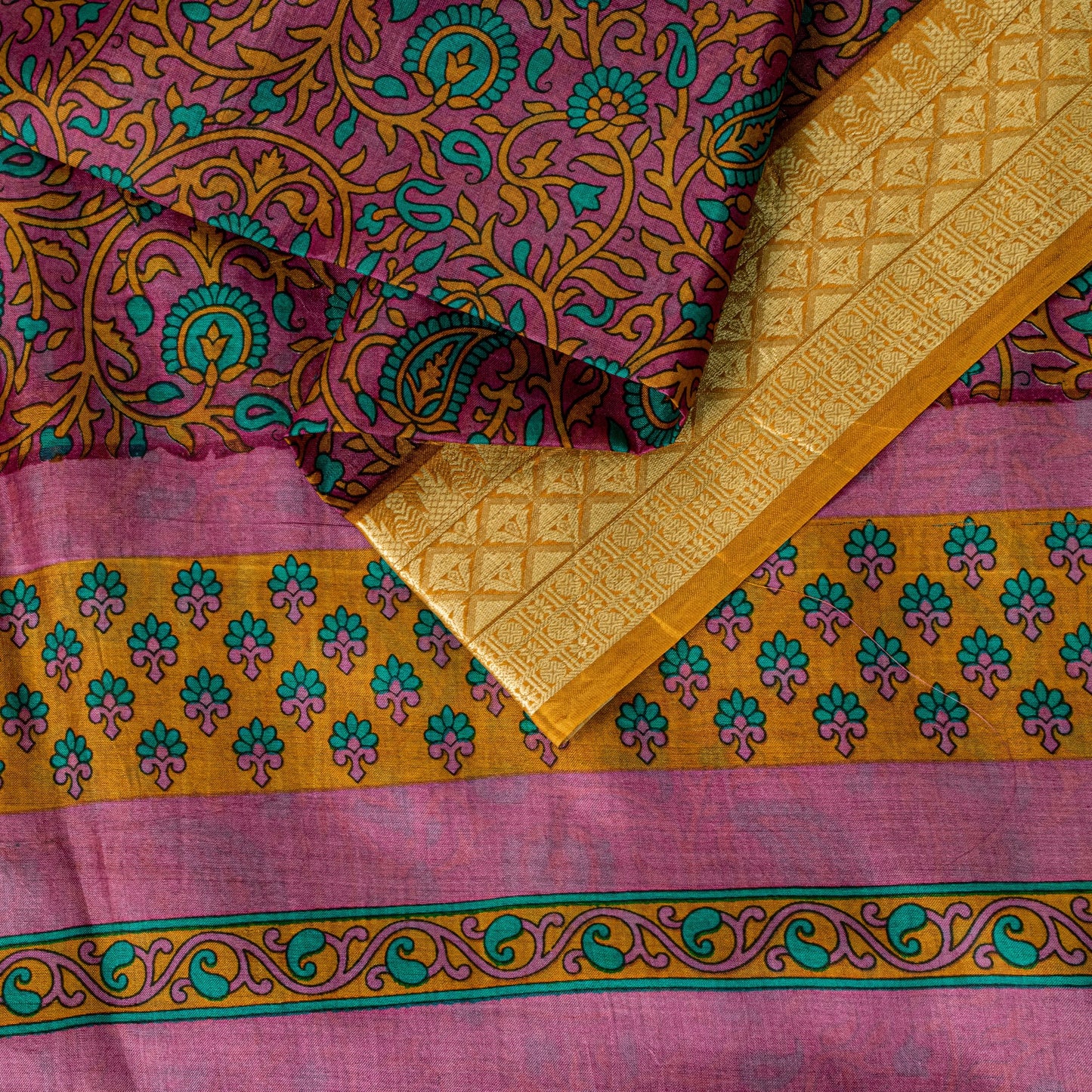 Sanskriti Vintage Sari Soft Magenta Pure Silk Floral Rotary Printed Saree 5.5Yd