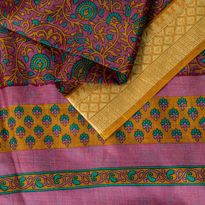 Sanskriti Vintage Sari Soft Magenta Pure Silk Floral Rotary Printed Saree 5.5Yd