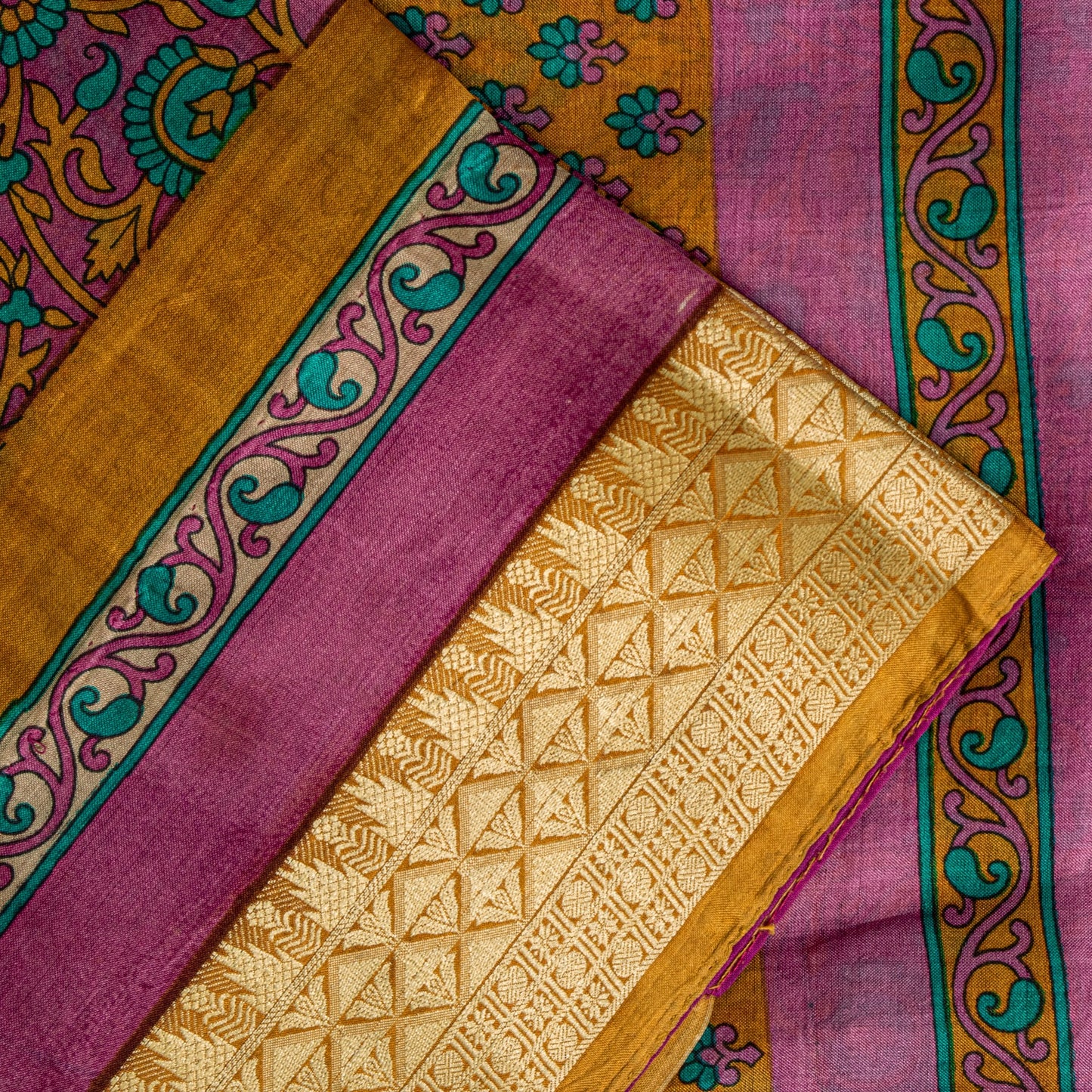 Sanskriti Vintage Sari Soft Magenta Pure Silk Floral Rotary Printed Saree 5.5Yd