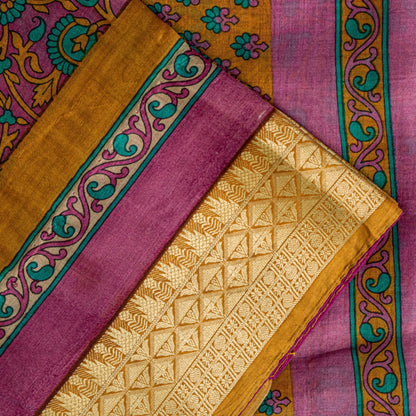 Sanskriti Vintage Sari Soft Magenta Pure Silk Floral Rotary Printed Saree 5.5Yd