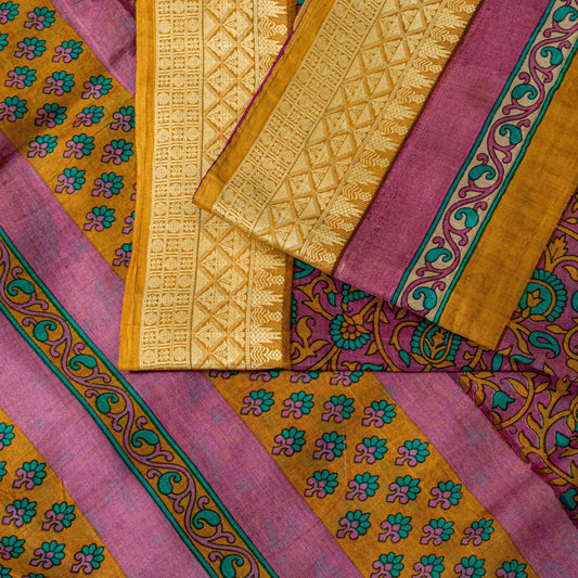 Sanskriti Vintage Sari Soft Magenta Pure Silk Floral Rotary Printed Saree 5.5Yd