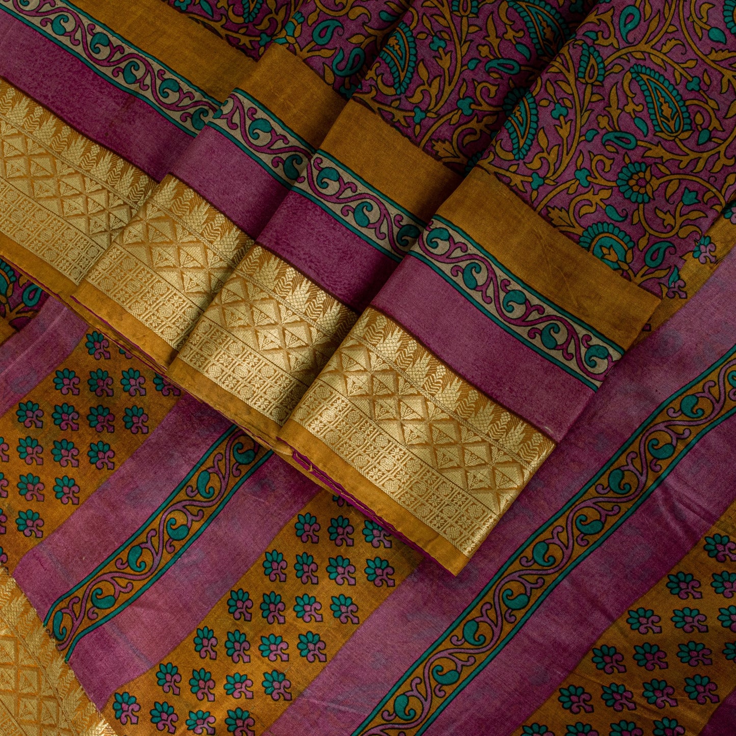 Sanskriti Vintage Sari Soft Magenta Pure Silk Floral Rotary Printed Saree 5.5Yd