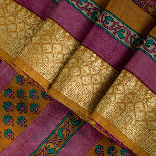 Sanskriti Vintage Sari Soft Magenta Pure Silk Floral Rotary Printed Saree 5.5Yd