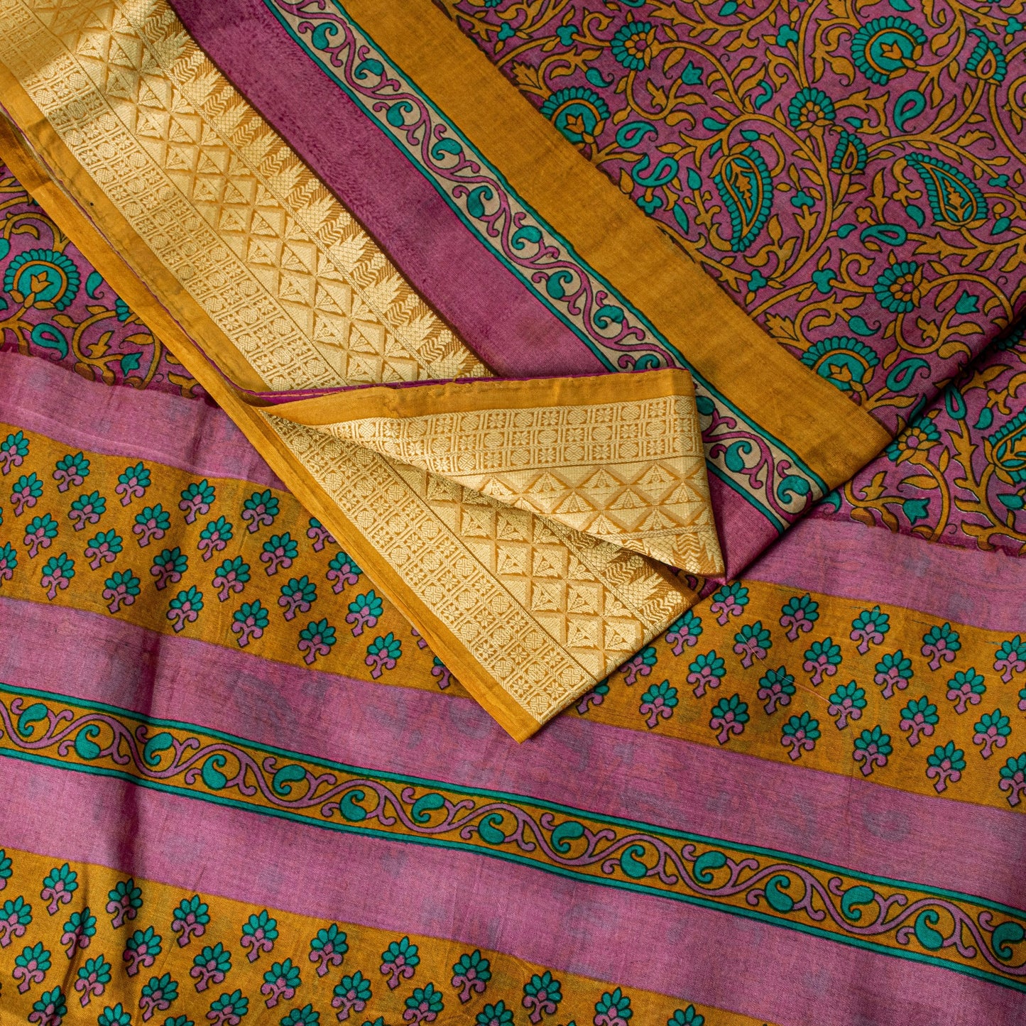 Sanskriti Vintage Sari Soft Magenta Pure Silk Floral Rotary Printed Saree 5.5Yd
