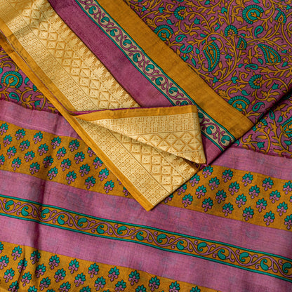 Sanskriti Vintage Sari Soft Magenta Pure Silk Floral Rotary Printed Saree 5.5Yd