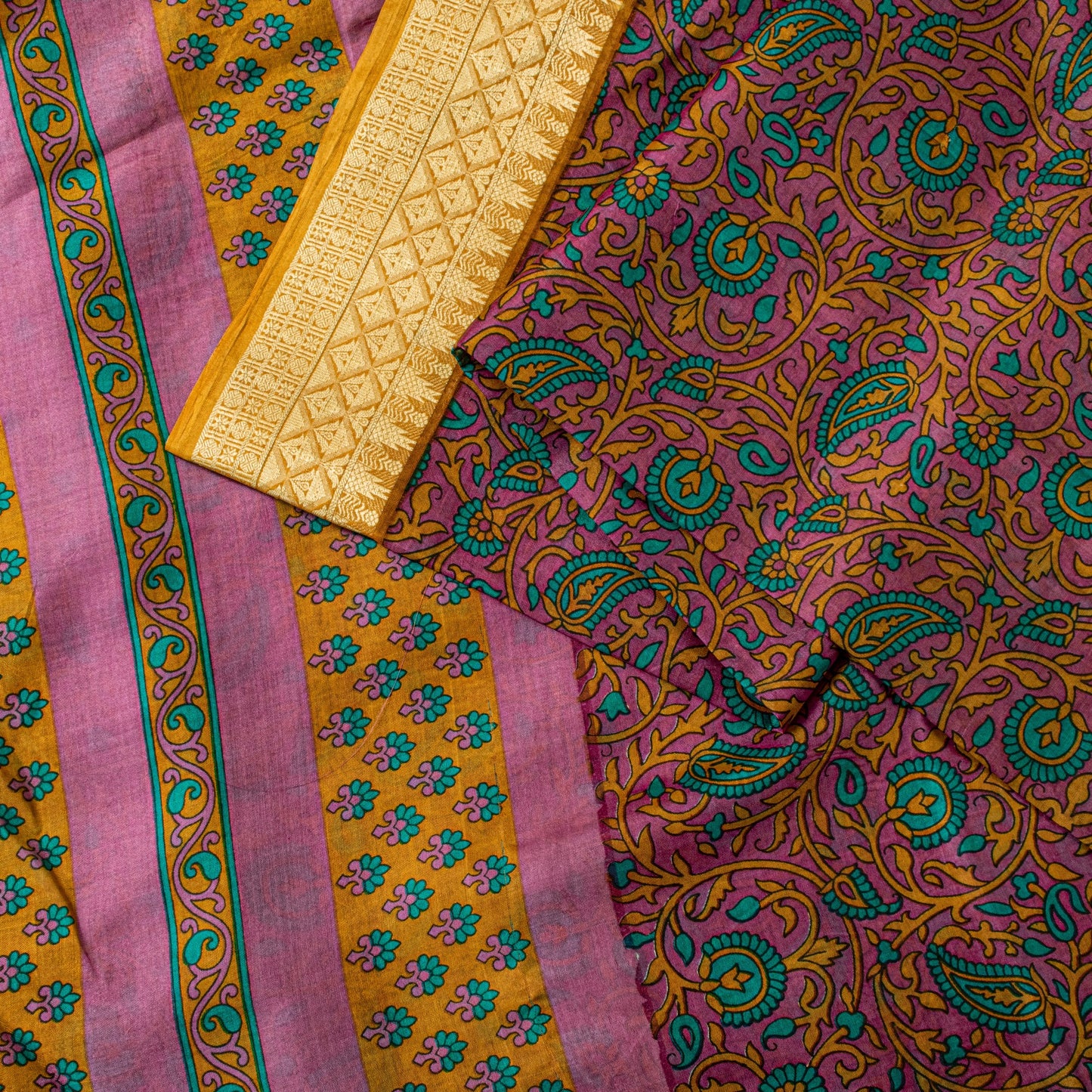 Sanskriti Vintage Sari Soft Magenta Pure Silk Floral Rotary Printed Saree 5.5Yd
