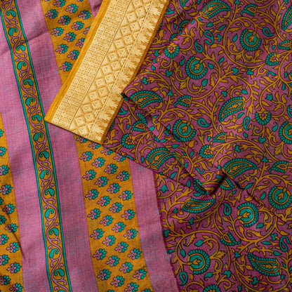 Sanskriti Vintage Sari Soft Magenta Pure Silk Floral Rotary Printed Saree 5.5Yd