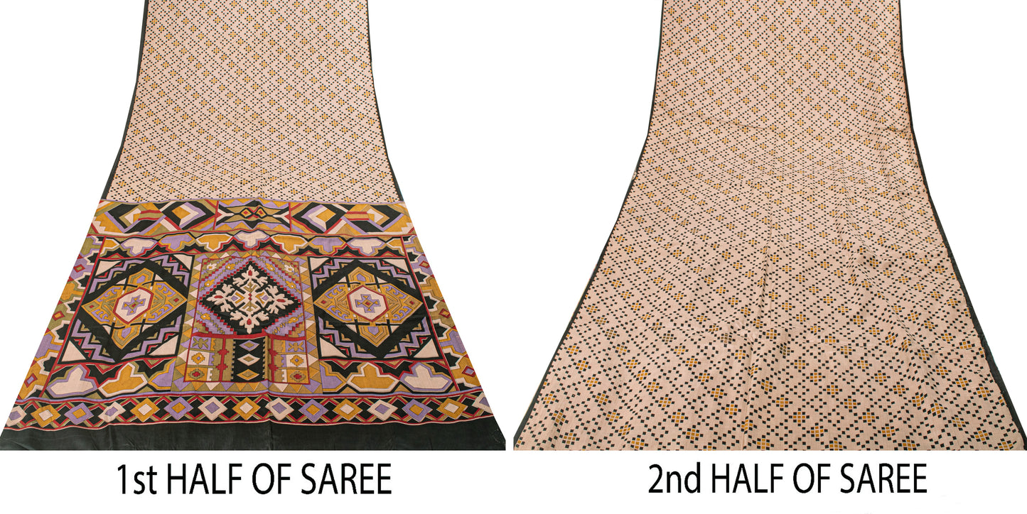 Sanskriti Vintage Cream Soft Pure Silk Sari Rotary Geometric Printed Saree 6+Yd
