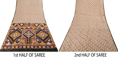 Sanskriti Vintage Cream Soft Pure Silk Sari Rotary Geometric Printed Saree 6+Yd