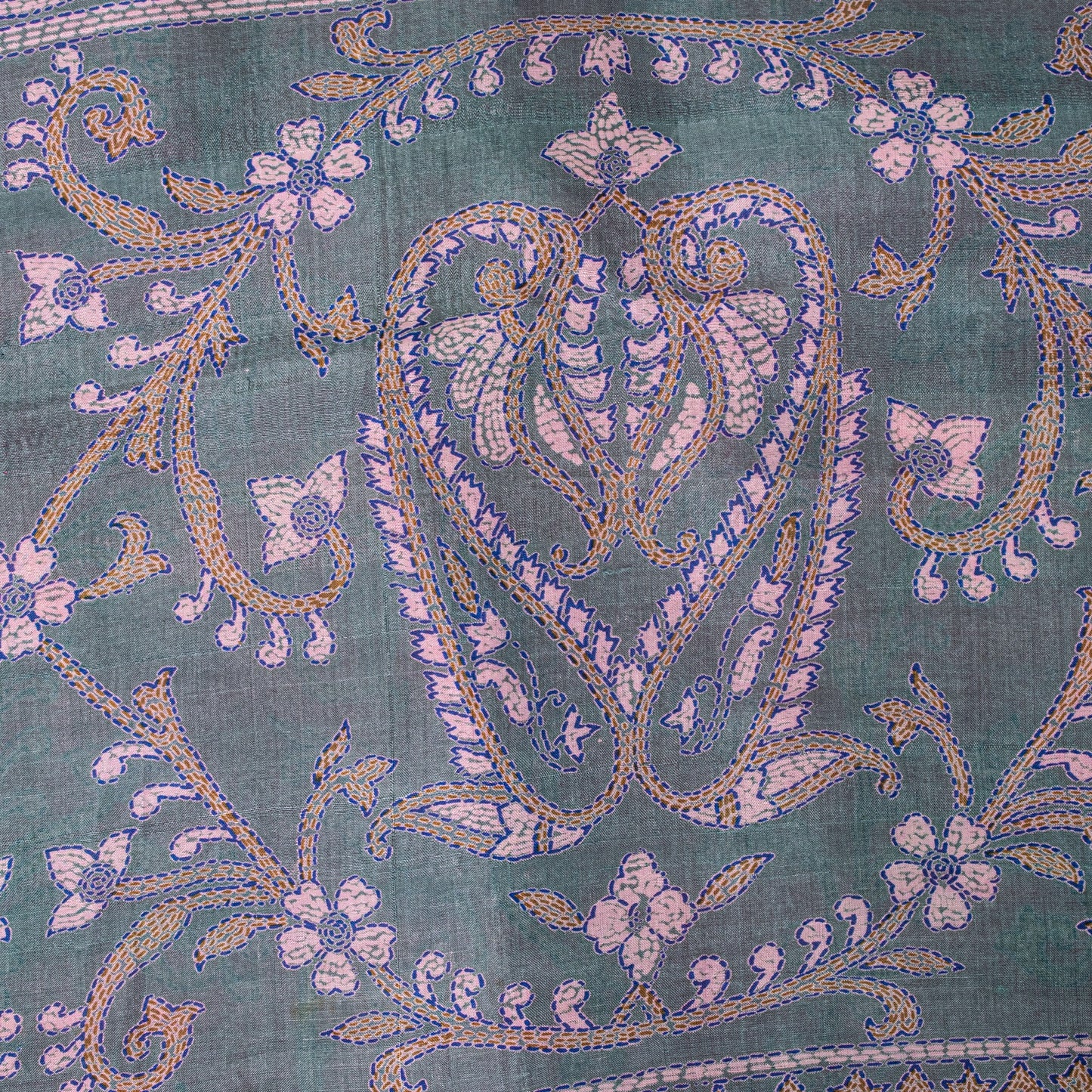 Sanskriti Vintage Pink Pure Silk Sari Kantha Digital Printed Floral Saree 5.5Yd