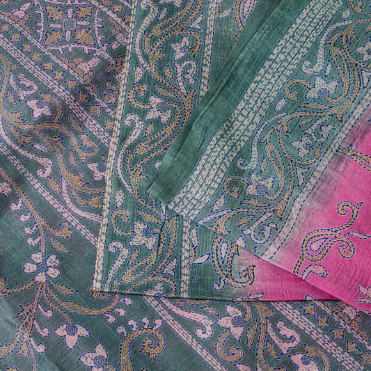 Sanskriti Vintage Pink Pure Silk Sari Kantha Digital Printed Floral Saree 5.5Yd