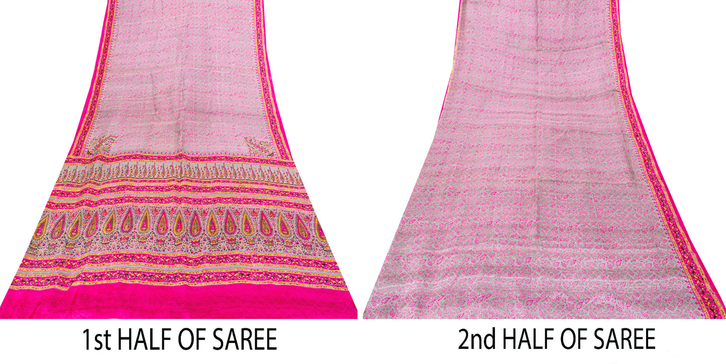 Sanskriti Vintage Sari Soft Pink Pure Silk Rotary Floral Print Saree 6+Yd Craft